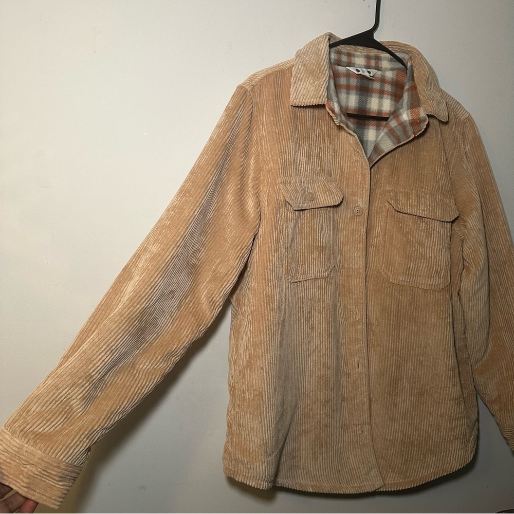 Three Dots Tan Corduroy Style Jacket with Plaid Lining Size M - Picture 3 of 15